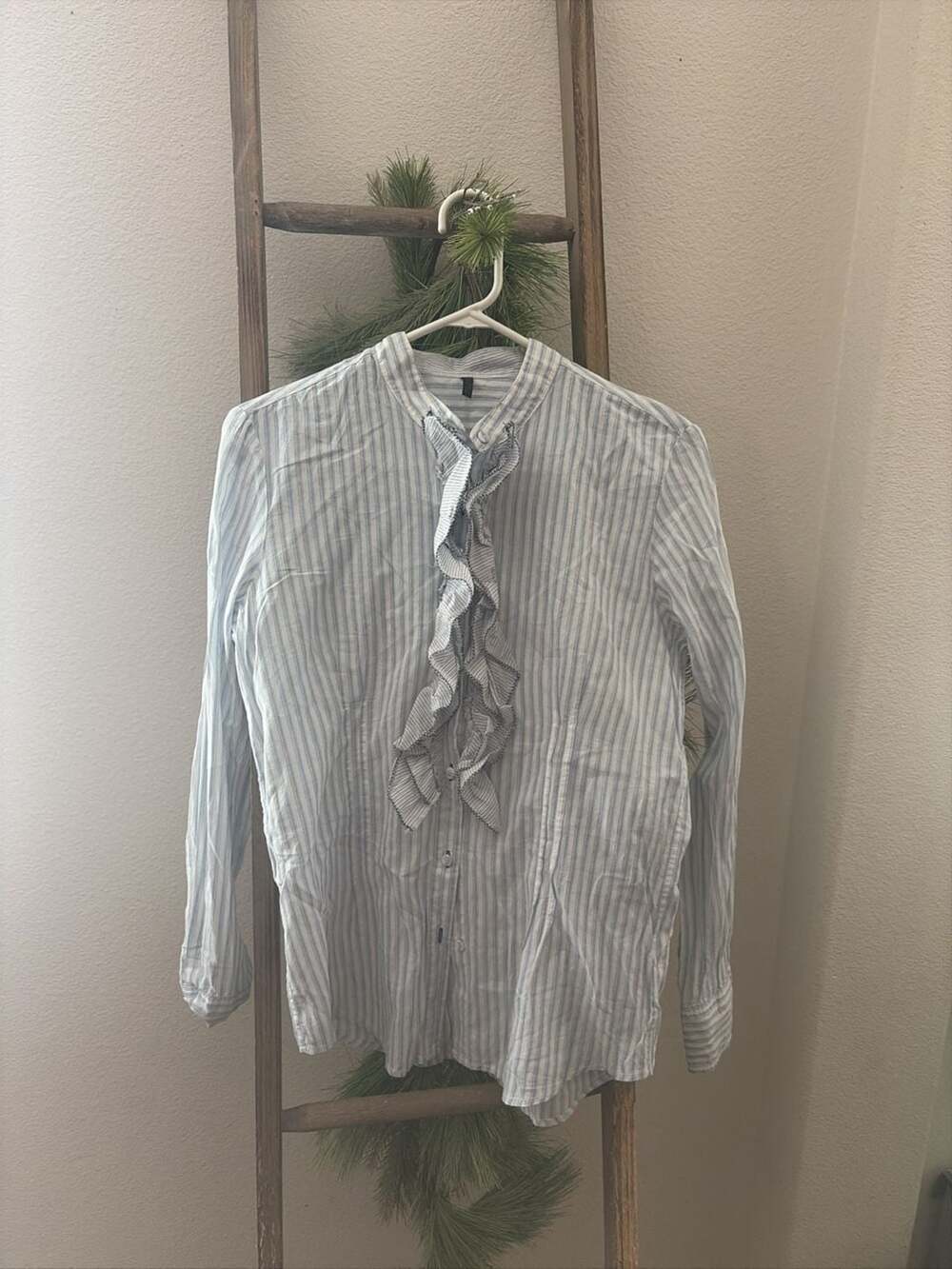 Polo Jeans Ralph Lauren Blue and White Striped Button-Down Shirt with Ruffle Det